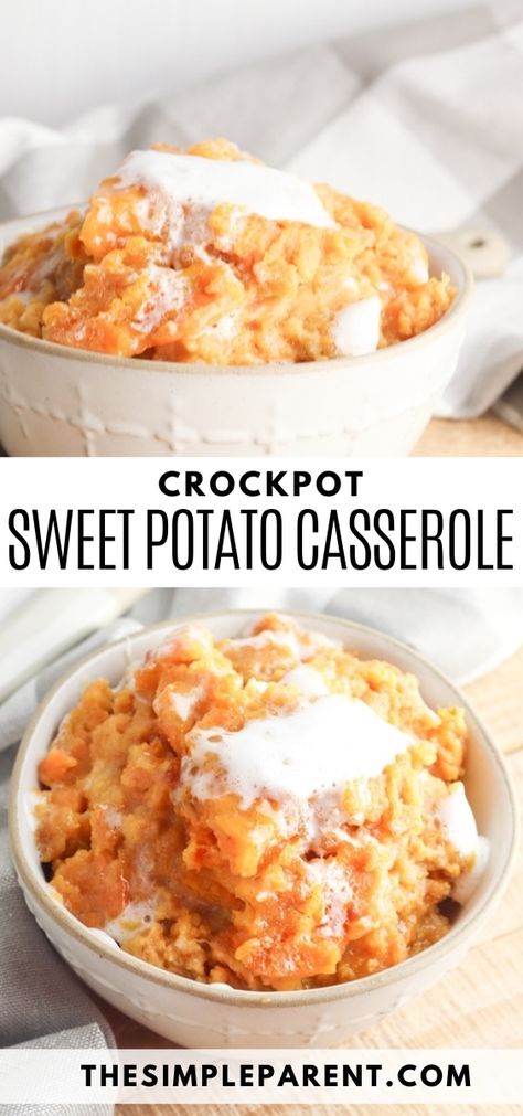 EASY Crock Pot Sweet Potato Casserole for the Holidays! Crock Pot Sweet Potato Casserole, Crockpot Sweet Potato Casserole, Slow Cooker Sweet Potato Casserole, Canned Sweet Potato Casserole, Canned Sweet Potato Recipes, Sweet Potato Casserole Crock Pot, Potato Recipes Crockpot, Crock Pot Sweet Potatoes, Raw Sweet Potato