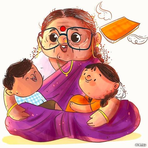 Granny Illustration Character Design, Dreamy Animation, Family Cartoon Illustration, Luna Nursery, Grandma Illustration, Sam Bahadur, Restaurant Advertisement, Children's Book Characters, Childhood Memories Art