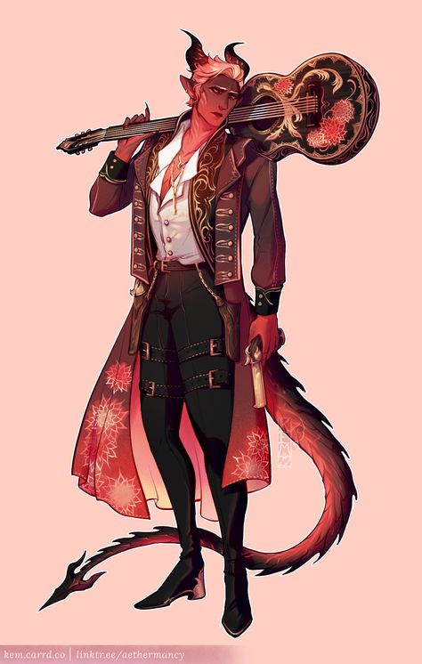 Teifling Bard Dnd, Fancy Tiefling Male, Dungeons And Dragons Oc Art, Fire Inspired Outfits Men, Saytr Bard Dnd, Red Tiefling Male Art, Dnd Demon Character, Male Tiefling Oc, Dnd Character Design Male Tiefling