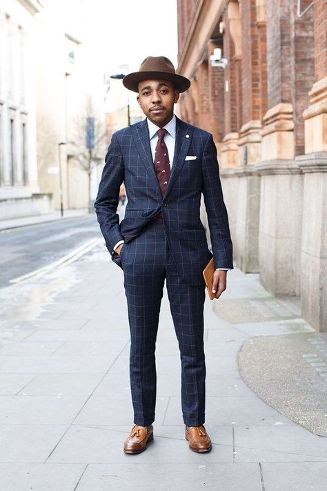 Blue check suit, burgundy tie and tan tasseled loafers Types Of Mens Hats, A Man In A Suit, Man In A Suit, Look Formal, Check Suit, Men In Black, Suit Black, Mens Fashion Classy, Sharp Dressed Man