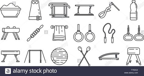 Download this stock vector: Modern gymnastics equipment icons set. Outline set of modern gymnastics equipment vector icons for web design isolated on white background - T75DC2 from Alamy's library of millions of high resolution stock photos, illustrations and vectors. Gymnastic Equipment, Schedule Board, Gymnastics Equipment, Harry Potter Tumblr, Camp Ideas, Summer Camp, Icon Set, Vector Icons, Gymnastics