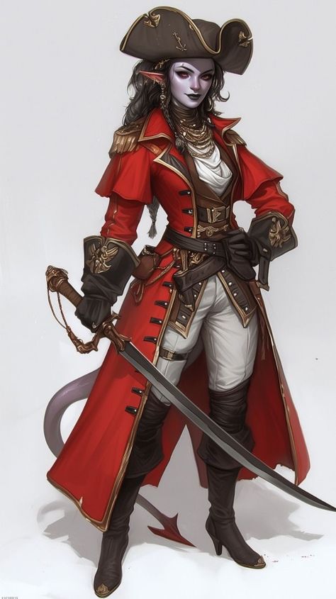 Tiefling Pirate Captain, Female Pirate Captain Character Design, Tiefling Pirate, Dnd Pirate Art, Dnd Pirates, Dnd Artwork, Pirate City, Dnd Pirate, D D Rogue