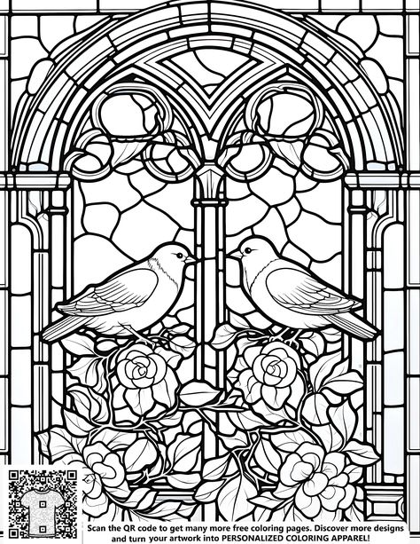 Detailed coloring page featuring birds and flowers in a stained glass window style. Window Coloring Page, Stained Glass Birds, Free Coloring Sheets, Detailed Coloring Pages, Printable Coloring Sheets, Glass Style, Stained Glass Window, Free Printable Coloring, Glass Birds