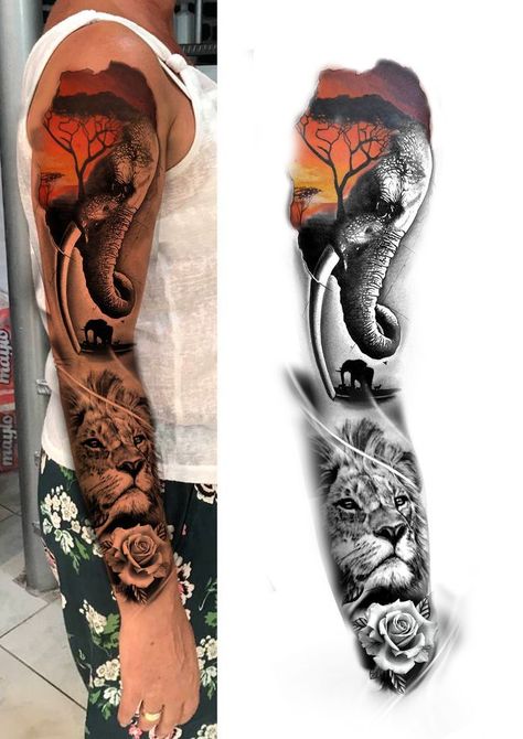 Elephant Art Tattoo, African Sleeve Tattoo, Colorful Elephant Tattoo, Iphone Wallpaper Ideas, Africa Tattoos, Girl Thigh Tattoos, Sunflower Tattoo Sleeve, Animal Sleeve Tattoo, Tattoo Design Tattoo