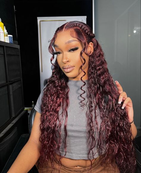 Water Wave Wig Hairstyles With Braids, Deepwave Hairstyle Ideas, Deep Wave Wig With Two Braids, Long Curly Lace Front Wigs, Deepwave Frontal Hairstyles Ideas, Curly Hair Wig Styles, Curly Lace Frontal Wig Black Women, Wet And Wavy Wig Styles, Wet N Wavy Weave Hairstyles