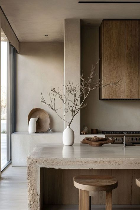 Corian Neutral Concrete, Beige Concrete Kitchen, French Minimalist Kitchen, Travertine Kitchen Countertops, Venetian Plaster Kitchen, Neutral Minimalist Kitchen, Neutral Tone Kitchen, Limewash Kitchen, Kitchen Concrete Floor