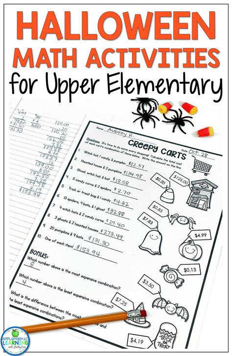 Engage your students in Halloween Math Activities that will keep your 3rd, 4th and 5th grade students learning right up to Halloween. These no prep #HalloweenMath resources are great for morning work, math centers, small group instruction, whole class skills practice or October homework. Your students will love the fun and engaging connection to the holiday but you will love knowing that they are working on key math skills. #ElementaryMath #HalloweenMathActivities #UpperElementary Halloween Project Based Learning, Halloween Math Upper Elementary, 5th Grade Math Halloween Activities, Grade 4 Halloween Activities, Halloween Games Upper Elementary, Halloween Fractions 5th Grade, Halloween Stem Activities 5th Grade, Multiplication Halloween Activities, Halloween Math 5th Grade