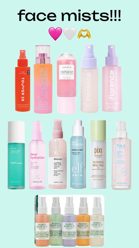 face mists!!!🤍🩷🫶 #glowrecipe #glossier #mariobadescu #tower28 #florencebymills #tula #elf #rembeauty #kosas #skincare #facemist #beauty Face Mist Spray, Tower 28, Tula Skincare, Face Spray, Pretty Skin Care, Skin Care Items, Pretty Skin, Face Mist, Skin Care Kit