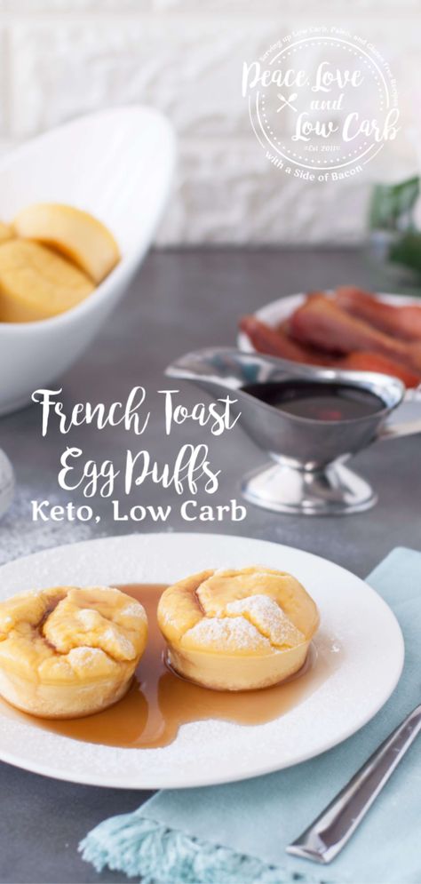 Keto French Toast Egg Puffs via @PeaceLoveLoCarb Keto French Toast, Toast Egg, Keto Diet Drinks, Eggs Toast, Egg Puff, Cream Cheese Pancakes, Desayuno Keto, Breakfast Keto, Keto Diet Snacks