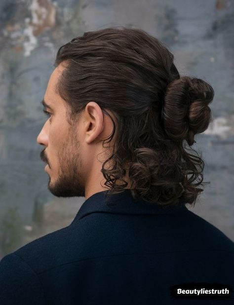 Viking Braids Men Long, Men’s Long Hair Wedding, Man Bun With Braids, Long Curly Hair Styles Men, Guys With Man Buns, Man Bun Aesthetic, Mens Long Curly Hairstyles, Long Masculine Hairstyles, Curly Hairstyles Men Long