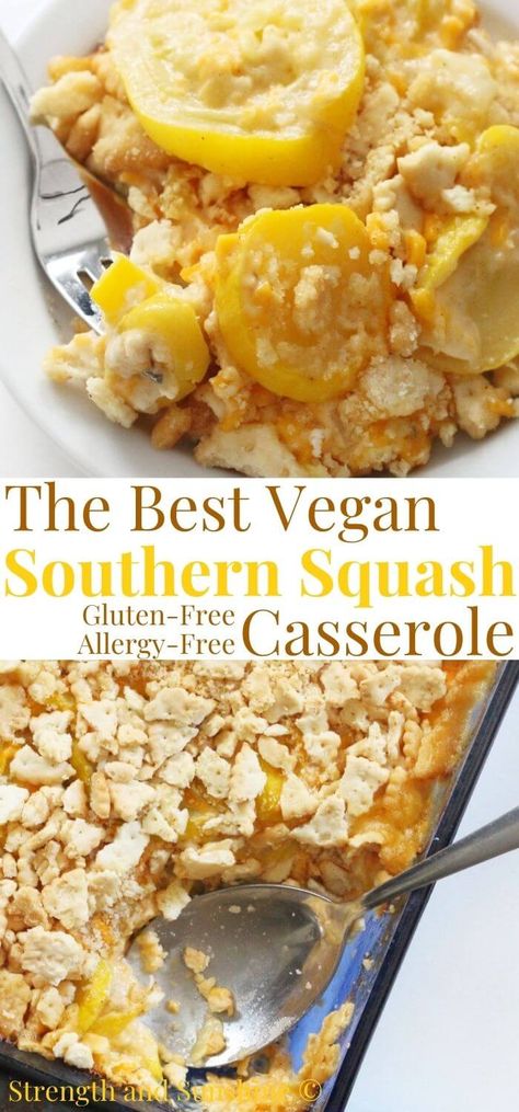 Vegan Southern Squash Casserole | Strength and Sunshine | This Vegan Southern Squash Casserole recipe is just like the old-fashioned classic! Made with fresh seasonal yellow squash, a creamy cheesy dairy-free sauce, and buttery gluten-free cracker crumb topping! It's a perfect allergy-free side dish to feed a crowd at potlucks or holiday gatherings! Simple and easy with just 8 ingredients! Vegan Yellow Squash Recipes, Vegan Squash Recipes, Vegan Barbecue Recipes, Southern Squash, Thanksgiving Casserole Recipes, Southern Squash Casserole, Summer Squash Casserole, Dairy Free Sauces, Summer Squash Recipes