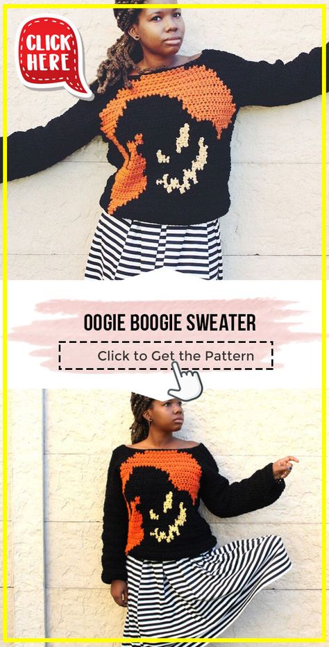 crochet Oogie Boogie Sweater easy pattern - Easy Crochet Sweater Pattern for Beginners. Click to Try the Pattern #Sweater #crochetpattern #crochet via @shareapattern.com Crochet Halloween Cardigan Pattern, Fall Sweaters Crochet Pattern, Halloween Crochet Wearable, Ophir Boogie Crochet Pattern, Crochet Disney Sweater, Christmas Crochet Sweater Pattern, Halloween Sweater Crochet Pattern, Crochet Halloween Sweater Pattern Free, Crochet Halloween Sweater Pattern