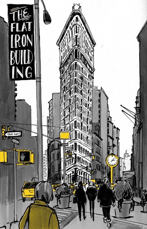 Flat Iron Building, New York Illustration, Travel Drawing, City Illustration, Urban Sketchers, Urban Sketching, Flat Iron, City Art, Architecture Drawing