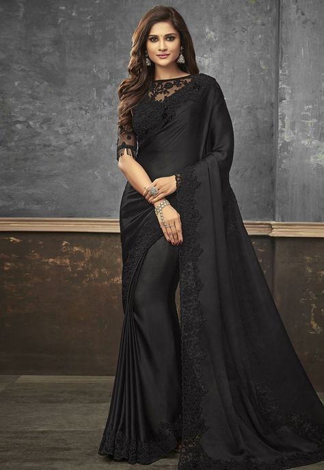 Designer Saree For Wedding, Saree For Wedding, Modern Saree, Gaun Fashion, Indian Saree Blouses Designs, Saree Designs Party Wear, Saree Blouse Designs Latest, Satin Saree, Black Saree