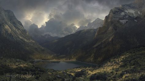 ArtStation - Storm in the Mountains, Liz Hume Matte Paintings, Maleficent 2, Mountain Scenes, Albert Bierstadt, Cloud Photos, Landscape Concept, Scene Art, Fantasy Setting, Fantasy Places