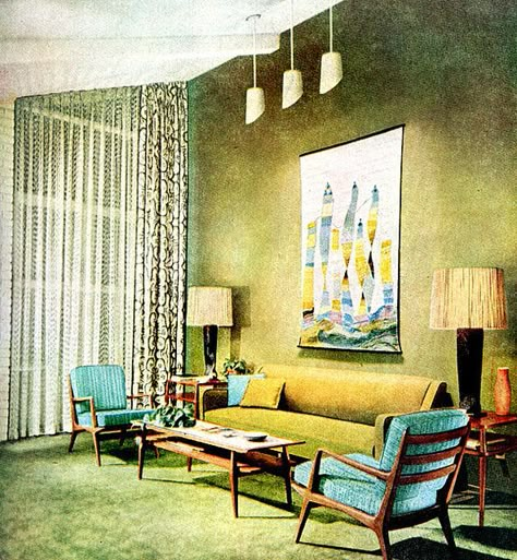 Living Room (1955) American Home Magazine - The high ceilings are nice 50s Living Room, 1970s Living Room, 1950s Living Room, Sala Vintage, Retro Rooms, Mid Century Interior, Retro Living Rooms, Mid Century Living, Mid Century Living Room