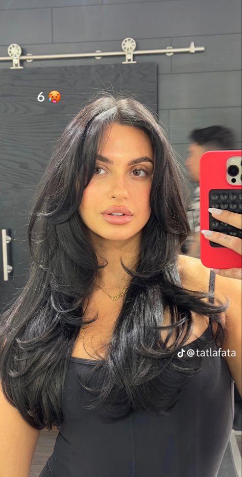 Long Hair Thick Layers, Long Layered Haircuts With Face Framing Dark Hair, Dark Layers Hair, Layers In Black Hair, Michelle Infusino Hair, Side Bangs And Long Hair, Dark Hair Face Framing Layers, Long Hair A Lot Of Layers, Long Layered 90s Haircuts