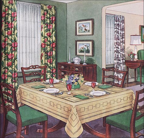 not quite tiki, but I like the table and chairs, and the drapes are tropical 1950s Dining Room, 1950s Interior, 1950s Home Decor, Retro Dining Rooms, 1950s Decor, Old House Interior, Interior Vintage, Vintage Interior Design, Traditional Dining