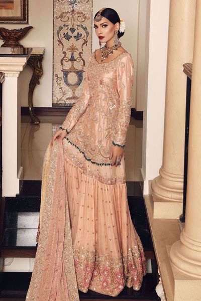 Show details for Shehnai Lehenga Pics, Wedding Gharara, Chiffon Gharara, Gharara Pakistani, Peach Dupatta, Pantone 2024, Gharara Designs, Wedding Couture, Indian Fashion Trends