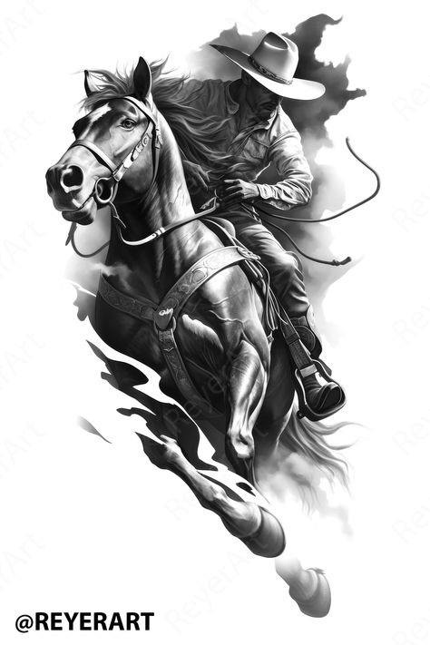 Discover this stunning black and white Procreate brush and stamp design, perfect for creating unique tattoo artwork! Capture the spirit of the wild with this intricate cowboy and horse illustration, ideal for both professional tattoo artists and enthusiasts alike. Elevate your digital art portfolio or create custom tattoo designs that stand out. Transform your creative process with this unique brush set! #TattooArt #ProcreateBrush #DigitalArt #TattooDesign #CowboyTattoo Wild West Tattoo Ideas, Cherokee Indian Tattoos For Men, Cowboy Horse Tattoo, Cowboy Tattoo Design, Horse Tattoo For Men, Indian Horse Tattoo, Cowboy Sleeve Tattoo, Ram Tattoo Design, Horse Tattoo Ideas