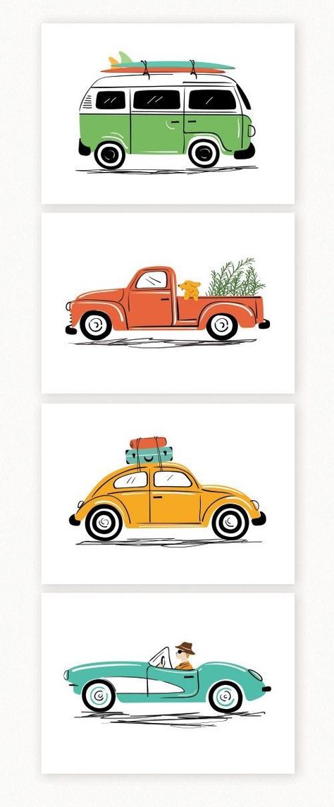 Cute Car Drawings, Vintage Car Drawing, Drawings Of Cars, Vintage Car Illustration, Vintage Car Art, Auto Illustration, Camper Art, Cars Art, Nursery Illustration