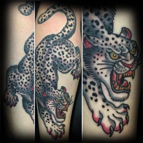 Leopard Tattoo Traditional, Snow Leopard Tattoo, Leopard Tattoo, Leopard Tattoos, Tattoo Apprenticeship, Tattoo Zeichnungen, Tattoo Traditional, Traditional Tattoo Flash, Back Tattoo Women