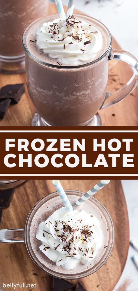 When you want the flavor of hot chocolate, but it's the dead of summer...you make Frozen Hot Chocolate - its icey cold cousin! With only 4 ingredients and a few minutes needed, it's a crazy easy drink to make, delicious, and refreshing on a hot day. Frozen Hot Chocolate Recipe Easy, Frozen Summer Drinks, Frozen Hot Chocolate Recipe, Easy Drinks To Make, Homemade Chocolate Sauce, Classic Hot Chocolate, Dead Of Summer, Special Drinks, Frozen Hot Chocolate