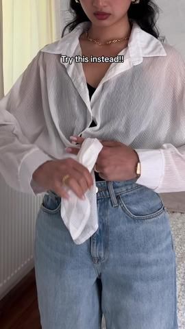 how to tie a button front shirt, super easy! #styletips #fashionhacks ... | How To Tie A Shirt Knot | TikTok Tying Shirts Knot Diy, How To Tie A Blouse Knot, Tie Front Shirt Outfit, How To Knot A Shirt, Tie A Flannel Shirt, Tie A Shirt Knot, Ways To Tie A Shirt, Tie Your Shirt, Tie Shirt Knot