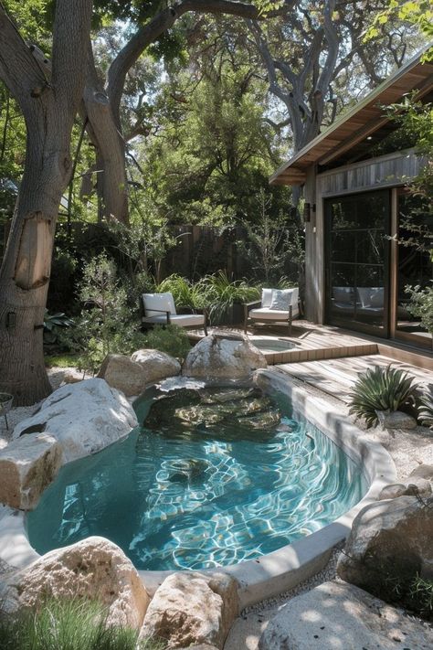 Tiny Inground Pool, Hobbit Airbnb, Small Natural Pool, Small Pools For Small Yards, Backyard Layouts, Plunge Pool Ideas, Desert Pools, Small Inground Pool Ideas, Eco Pool