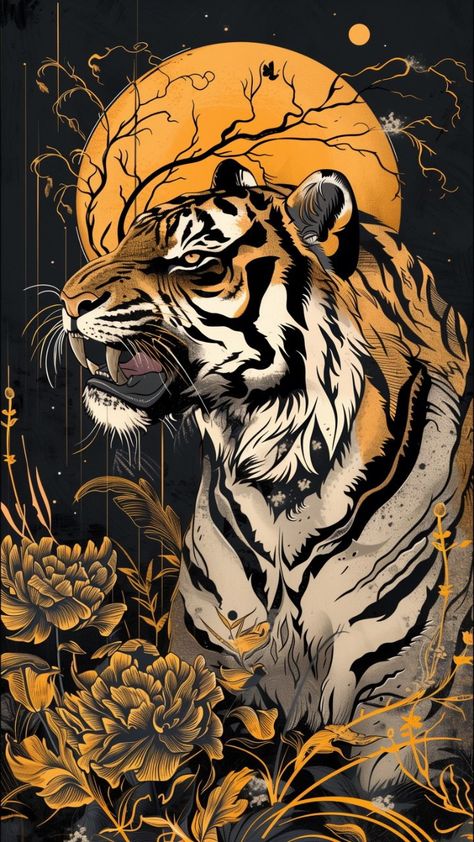 Tiger Japanese Wallpaper, Tiger Phone Background, Japanese Tiger Painting, Indian Tiger Art, Chinese Tiger Drawing, Tigre Wallpaper, Big Cat Tattoo, Tiger Artwork, Tiger Wallpaper