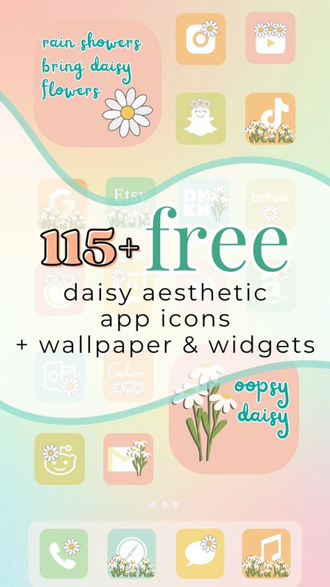 free summer aesthetic app icons in orange, pink, blue and green with little daisy designs Free Ipad Widgets, Summer Ipad Aesthetic, Cute Phone Icons Aesthetic, Free Ipad Wallpaper Backgrounds, Colorful Widget Aesthetic, Free Widget Apps, Icons For Ipad, Summer Icons Aesthetic, Free Wallpaper For Phone