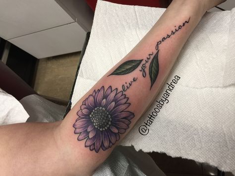 Purple Sunflower @tattoosbyandrea   #sunflowertattoo #tattoo #sunflower #purpleflower #purple #tattoosbyandrea #tattooideas #flower #flowertattoo Purple Sunflower Tattoo, In Memory Sunflower Tattoo, Sunflower And Lavender Tattoo, Sunflower And Violet Tattoo, Small Memorial Tattoos Sunflower, Purple And Yellow Flower Tattoo, Sunflowers Tattoo, Purple Sunflowers, Tattoo Sunflower