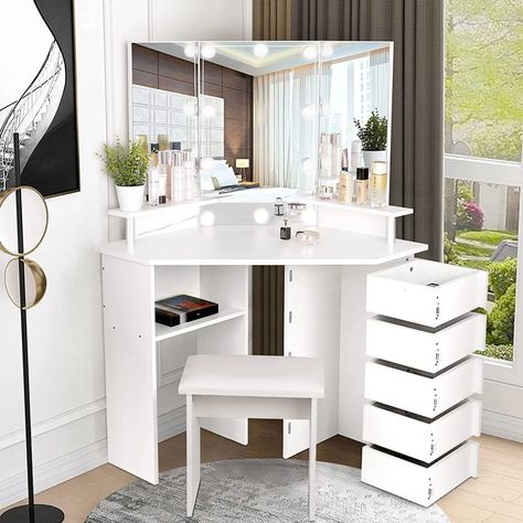 Corner Vanity Table, Vanity Ideas Bedroom, Vanity With Lights, Makeup Vanity Lighting, Corner Vanity, White Dressing Tables, Bedroom Makeup Vanity, Drawer Table, Mirrored Vanity Desk