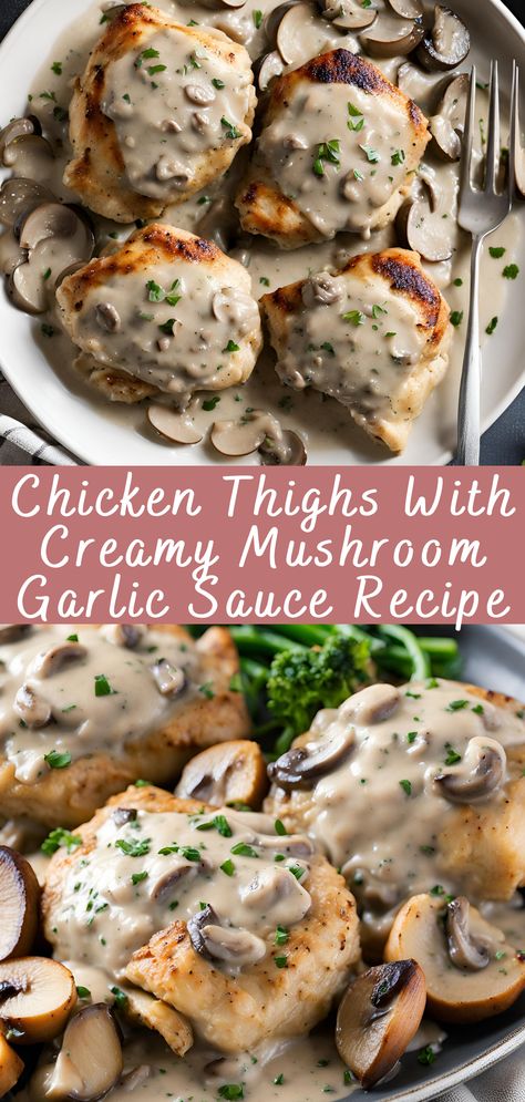 Chicken Thighs With Creamy Mushroom Garlic Sauce Recipe | Cheff Recipes Recipe Chicken Thighs, Mushroom Garlic, Chicken Thighs Mushrooms, Chicken Skewer Recipe, Garlic Sauce Recipe, Mushroom Cream Sauces, Steamed Asparagus, Chicken Main Dishes, Creamy Mushrooms