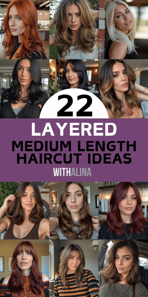 Ready to shake up your hairstyle? These 22 layered mid-length hair ideas will help you do just that! Featuring layered cuts with side bangs, textured waves, and bouncy blowouts, this collection caters to every taste. Whether you’re aiming for a refined and sleek look or want a relaxed, casual vibe, these hairstyles will have you covered. Get inspired to try something new and give your hair that trendy, layered transformation it deserves. Trendy Mid Length Hairstyles, Blowout Mid Length Hair, Front Layers Medium Hair, Face Framing Bangs, Romantic Curls, Midlength Haircuts, Side Bangs, Your Hairstyle, Textured Waves