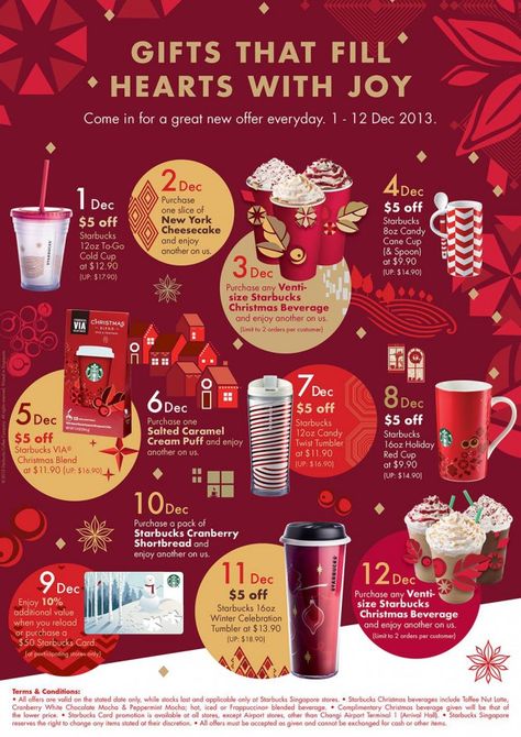 Starbucks Christmas 12 Days Of Gifting Everyday Offers 2013: Discounts On Beverages, Tumblers & Coffee | Food & Beverage | Great Deals Singapore Christmas Newsletter, Christmas Graphic Design, Restaurant Gift Cards, Christmas Campaign, Life On A Budget, Christmas Promotion, Email Design Inspiration, Food Menu Design, Starbucks Christmas