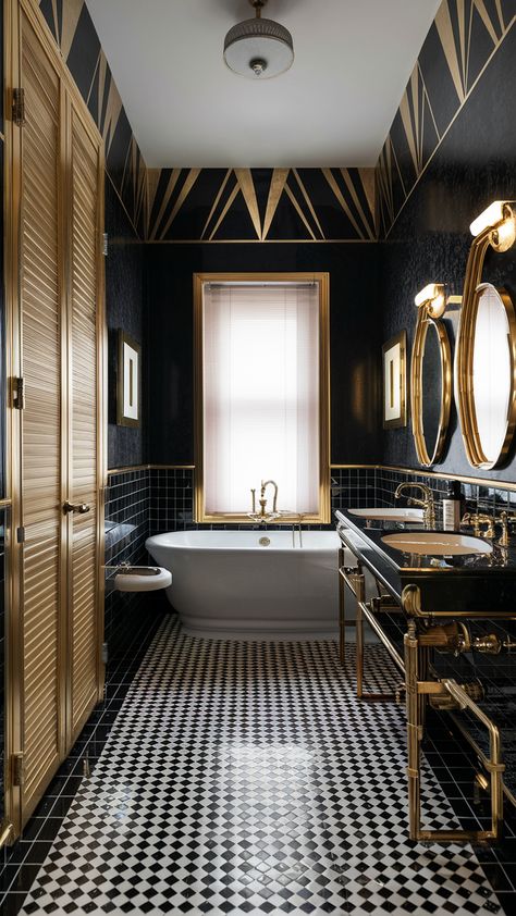 Top 20 Bathroom Remodel Ideas 2025 - Small, Budget-Friendly Designs with Tub & Modern Touches Men’s Bathroom Design, Modern Clawfoot Tub Bathroom, Small Bathroom Art Deco, Black Art Deco Bathroom, Tiny Guest Bathroom, Modern Clawfoot Tub, Art Deco Bathroom Ideas, Eccentric Bathroom, Old Bathroom Makeover