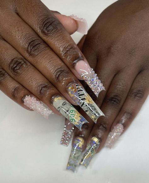 Money Acrylic Nail Design, Dollar Bill Nails, Money Nails Designs, Money Nails, Acrylic Toe Nails, Acrylic Toes, Weak Nails, Hard Nails, Claw Nails