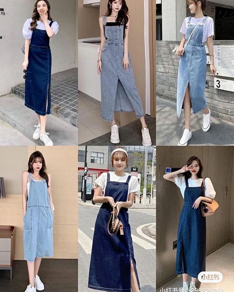 Jumper Outfit Denim, Jumper Skirt Outfit, Denim Jumper Outfit, Denim Dress Outfit, Fashion Jeans Outfit, Stylish Outfits Casual, Modest Clothing Women, Simple Style Outfits, Korean Fashion Online