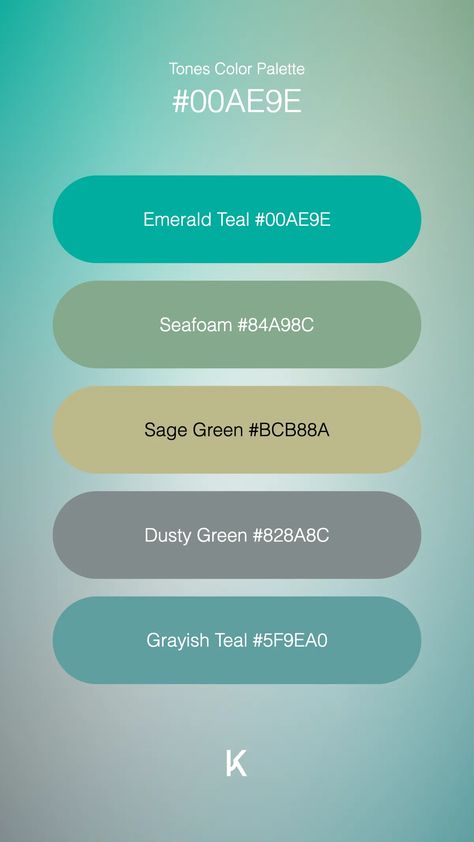 Tones Color Palette Emerald Teal #00AE9E · Seafoam #84A98C · Sage Green #BCB88A · Dusty Green #828A8C · Grayish Teal #5F9EA0 Sage And Blue Color Palette, Blue Green Color Palette, Calm Color Palette, Hex Color Palette, Dusty Green, Green Colour Palette, Blue Colour Palette, Hex Colors, Aqua Marine