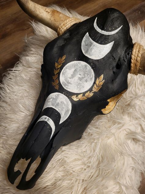 Visit my store to request your own personal designed cow skull Bull Skull Painting Cow Head, Painted Goat Skull, Crystal Cow Skull, Animal Skull Painting Ideas, Painted Cow Skull Ideas No Horns, Cow Skull Art Painted, Painting Cow Skulls, Deer Skull Crafts, Decorated Cow Skulls Diy