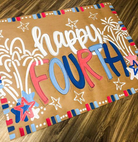 Another banner just dropped for purchase for the Fourth of July and up for a giveaway! 🤩🇺🇸 Brown Paper Sign, Fourth Of July Signs, Volleyball Locker, Fourth Of July Banner, Painted Banners, Story Banner, Banner Inspiration, Cheer Posters, Birthday Signs