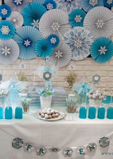 Frozen birthday party table! See more party planning ideas at CatchMyParty.com!: Schnee Party, Frozen Bday Party, Frozen Birthday Theme, Elsa Birthday, Frozen Themed Birthday Party, Frozen Theme Party, Paper Fan, Frozen Theme, Birthday Party Tables