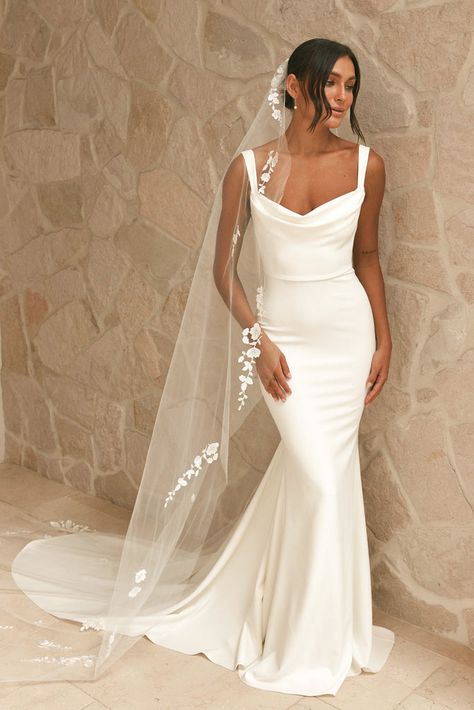 Grace | Crepe Fit & Flare Wedding Dress Square Front Wedding Dress, Marissa Lawerence Wedding Dress, Simple Wedding Dress Dramatic Veil, Vintage Chic Wedding Dress, Wedding Dresses Simple Off Shoulder, Wedding Bodycon Dress, Crepe Satin Wedding Dress, Silk Plain Wedding Dress, Satin Timeless Wedding Dress