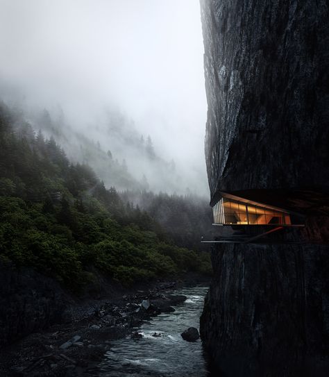 House in the crevice of a cliff overlooking river (On the Edge by K2 Visual) Architecture Cool, Cliff House, Dieter Rams, House Architecture Design, House Goals, Design Case, Amazing Architecture, Living Design, Future House