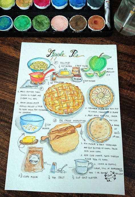 ApplePie Recipe Baking Book Aesthetic, Recipe Aesthetic Book, Recipes Aesthetic Book, Recipe Journal Ideas Layout, Recipe Journal Ideas, Apple Pie Drawing, Apple Pie Illustration, Recipe Drawing Food Illustrations, Recipe Book Aesthetic