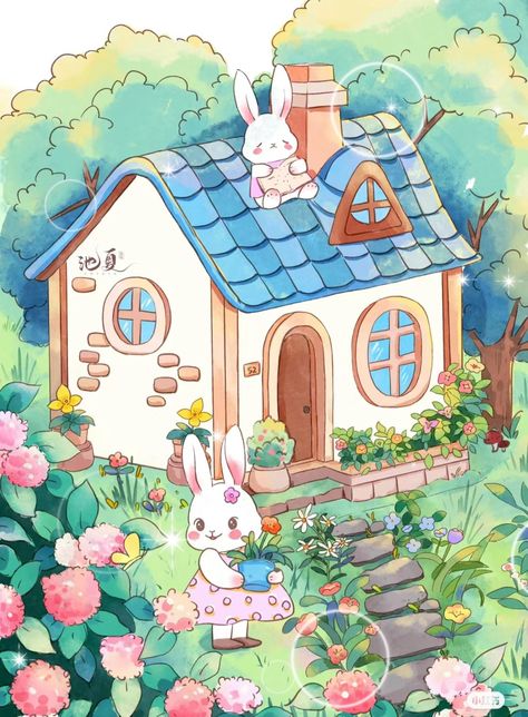 Bobbie Goods, Gingerbread Village, Cartoon House, Cute Bunny Cartoon, Illustration Ideas, House Illustration, Cute Games, Chibi Drawings, Color Inspo