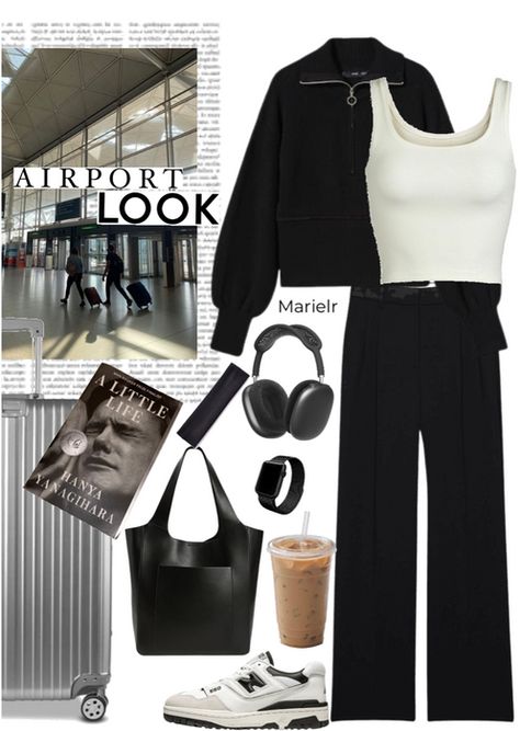 Airport Fits For Long Flights, Airport Stylish Outfit, Athleisure Airport Outfit, Airport Fit Winter, Black And White Airport Outfit, Airport Aesthetic Outfit Winter, Smart Casual Airport Outfit, Edgy Airport Outfit, First Class Airport Outfit