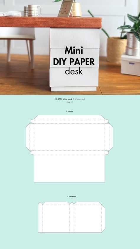 Printable PDF template for making a miniature 1:12 scale desk model. You can find the full print-ready template on my Patreon page. Paper Dollhouse Furniture Printables, Mini Template, Printable Paper Toys Templates, Paper Desk, Paper Toy Printable, Miniature Desk, Doll House Wallpaper, Paper Furniture, Doll Furniture Diy