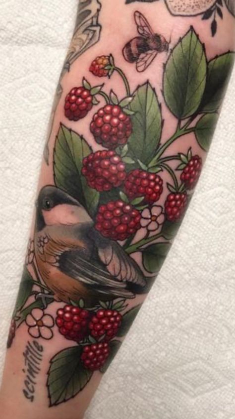 #vintage #tattooedwomen #art #tattooinspo Raspberry Tattoo, Morning Glory Tattoo, Grandpa Tattoo, Food Tattoo, Oregon Tattoo, Chef Tattoo, Raspberry Plants, Food Tattoos, Vine Tattoos